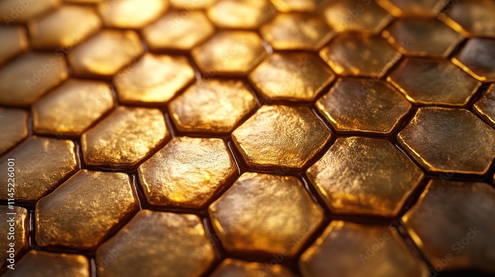 Poster a close-up view of a honeycomb pattern, showcasing its golden, textured surface.