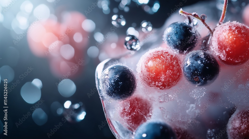 Poster frozen berries with ice cubes and bubbles creating a refreshing drink atmosphere