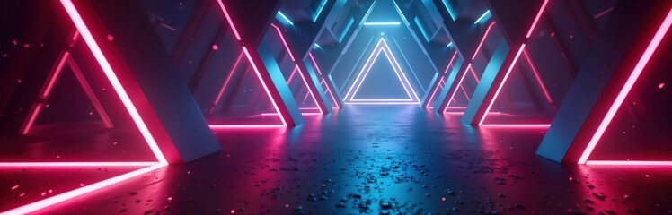 Futuristic corridor with triangles shaped walls illuminated by vibrant fluorescent ultraviolet light, colorful laser neon lines. Abstract tech design. Endless perspective with cool blue, pink neon
