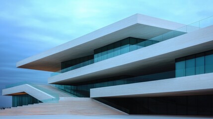 Fototapeta premium Modern white building with glass facade and geometric design.