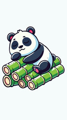 Panda mascot sleeping soundly on a pile of bamboo sticks