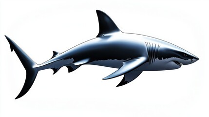 Obraz premium Silhouette of a great white shark diving downward, with a curved tail and sharp dorsal fin, sleek and modern on white