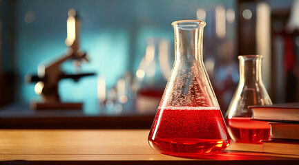 Chemical lab with Erlenmeyer in close with red liquid and blurry background with microscope