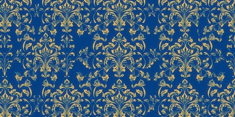 Intricate seamless damask wallpaper design with floral and geometric motifs in shades of gold and blue, texture, pattern, wallpaper