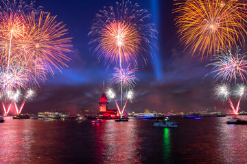 Fireworks Istanbul Uskudar, Maiden's Tower during Turkish Republic day celebrations (Turkish: 29 Ekim Cumhuriyet Bayrami) on October 29, in Istanbul, Turkey
