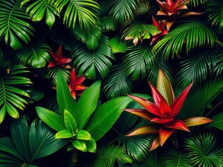 Fototapeta premium Lush green tropical palm leaves on a vibrant background, exotic, nature