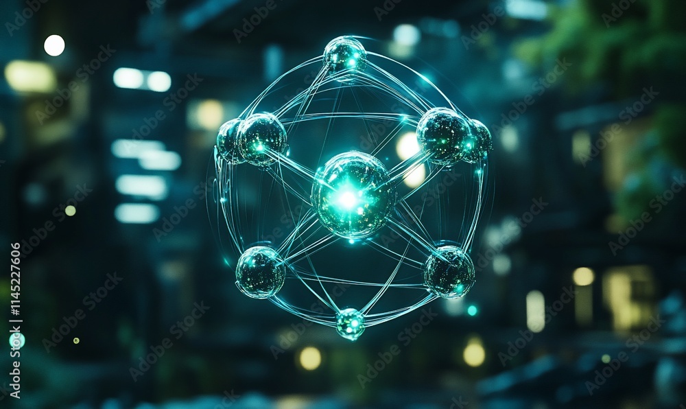 Poster a glowing atomic structure representing scientific concepts and innovation.
