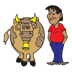 A farmer stands smiling next to a cow wearing a yellow bell.