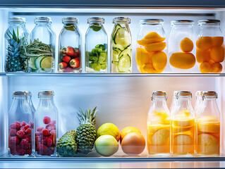 Refrigerator Shelves With Fresh Fruit and Bottled Juices