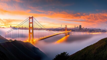 Fototapeta premium The San Francisco skyline at dusk, featuring the iconic Golden Gate Bridge and illuminated skyscrapers, vibrant and elegant