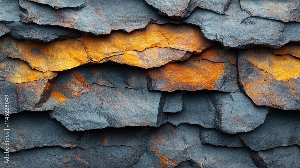 Poster a close-up view of textured rock layers with orange and gray hues.