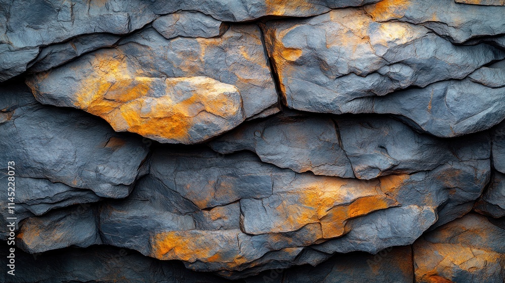 Poster a close-up view of textured rocks with orange highlights against a dark background.