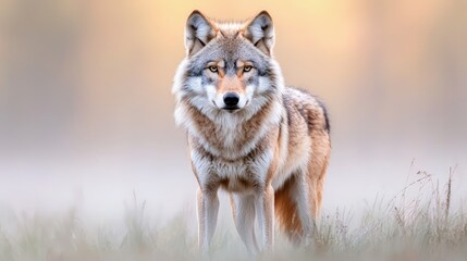 Obraz premium Majestic wolf standing in a misty field at dawn.