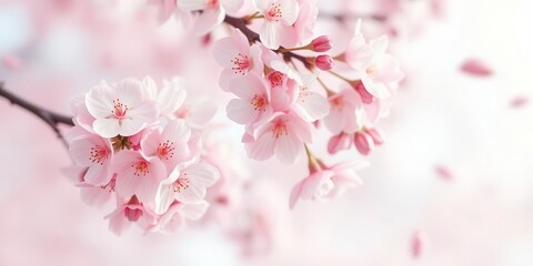 Obraz premium Pink sakura petals falling gently in the background, creating a serene and romantic atmosphere, floral, sakura