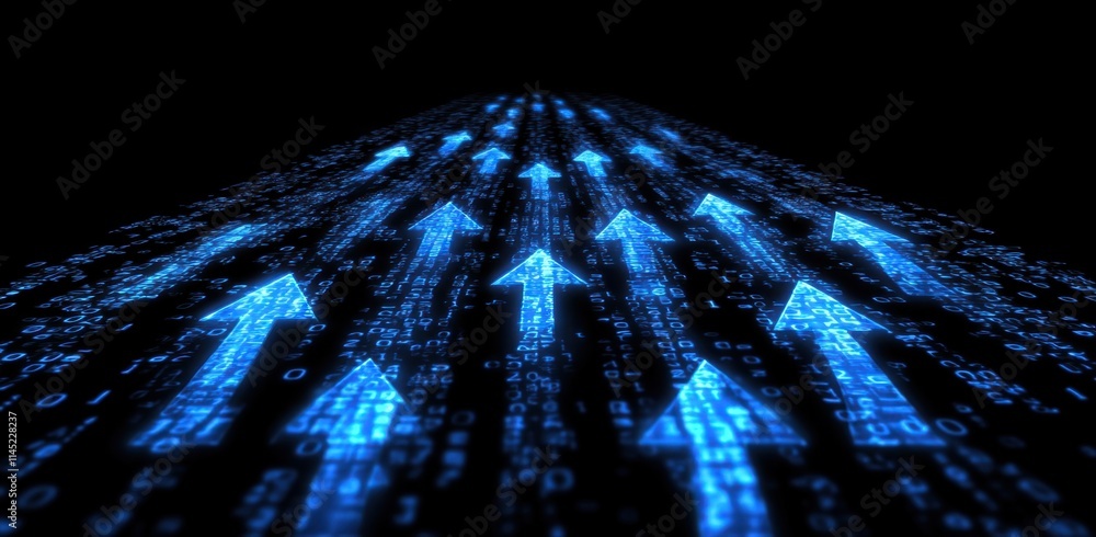 Poster digital background featuring blue arrows pointing upwards on the right, with digital data and binary
