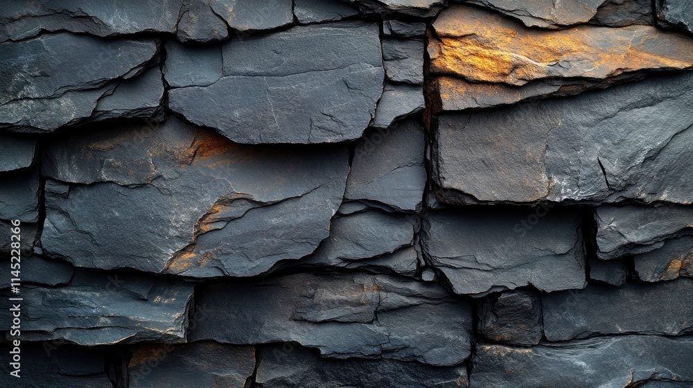 Poster a close-up view of textured slate stone wall with varying shades and natural patterns.