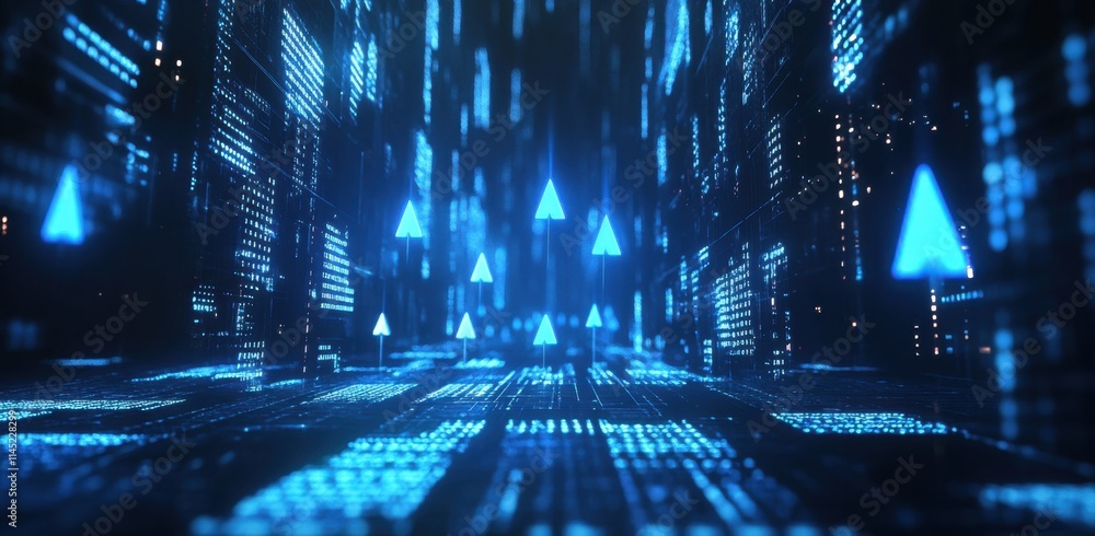 Poster digital background featuring blue arrows pointing upwards on a digital backdrop, creating an atmosph