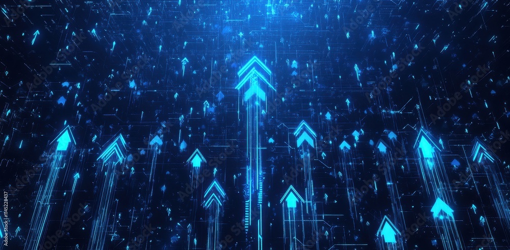 Poster digital background featuring blue arrows pointing upwards on a digital backdrop, creating an atmosph