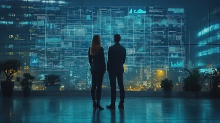 Two individuals observe a digital display of data in an urban setting at night.