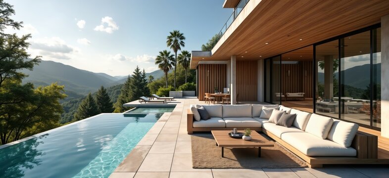 Modern house exterior with stunning patio, panoramic mountain view. Outdoor furniture like sectional sofa, lounge chairs create cozy, stylish atmosphere. Relaxing by infinity pool, wooden patio with - Powered by Adobe