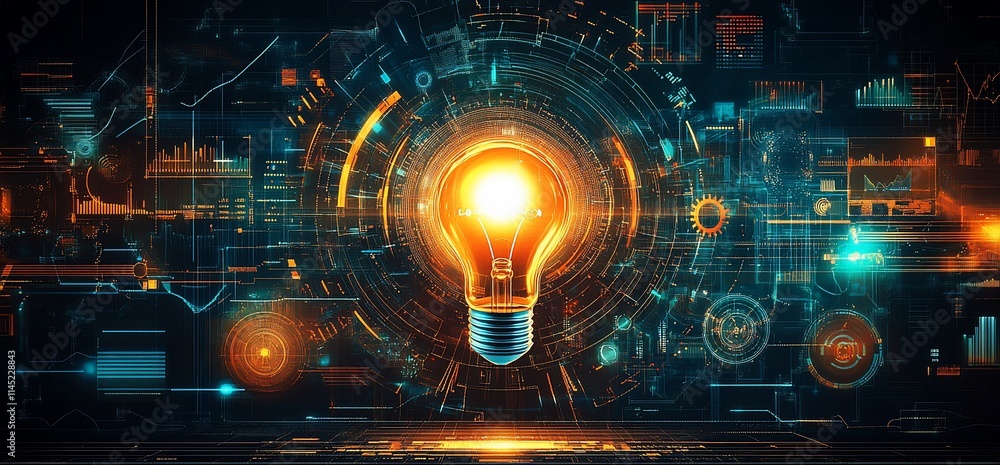 Aufkleber a glowing light bulb surrounded by digital circuit patterns and data visuals.