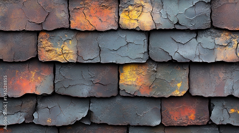 Poster A close-up view of weathered slate roofing tiles with cracks and color variations.