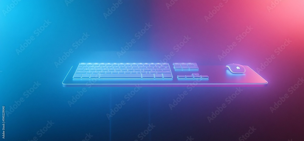 Poster a glowing keyboard and mouse set against a colorful background.