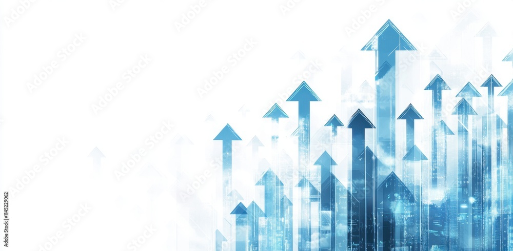 Poster digital background featuring blue arrows pointing upwards on the right, representing growth and prog