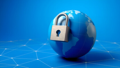 globe with a three-dimensional lock on a blue background with a line network, professional photography, with white tones