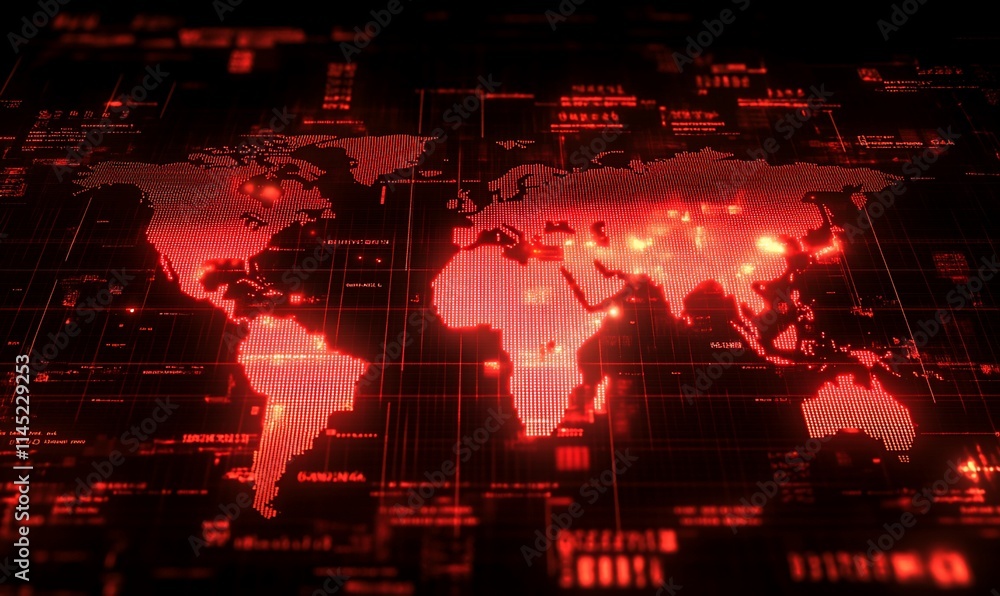 Poster a glowing red world map with digital data overlays, suggesting technology and connectivity.