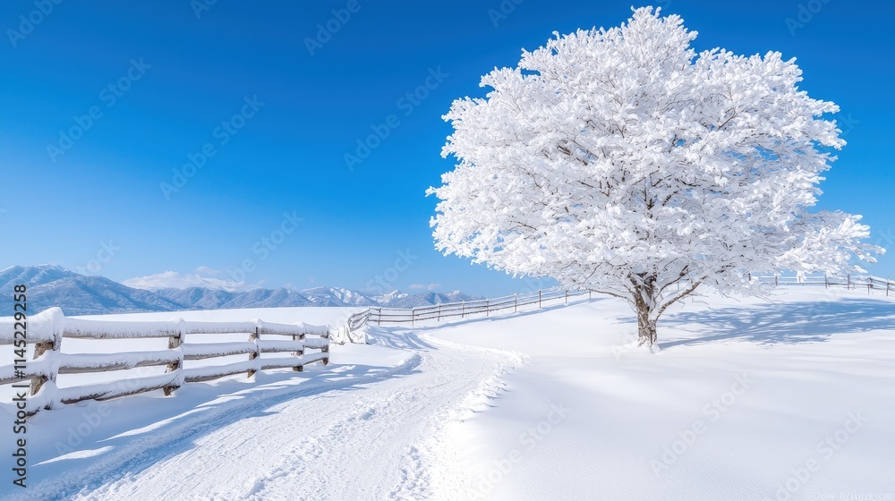 Canvas Prints Snow-covered tree, path, and fence in winter landscape under a clear blue sky.