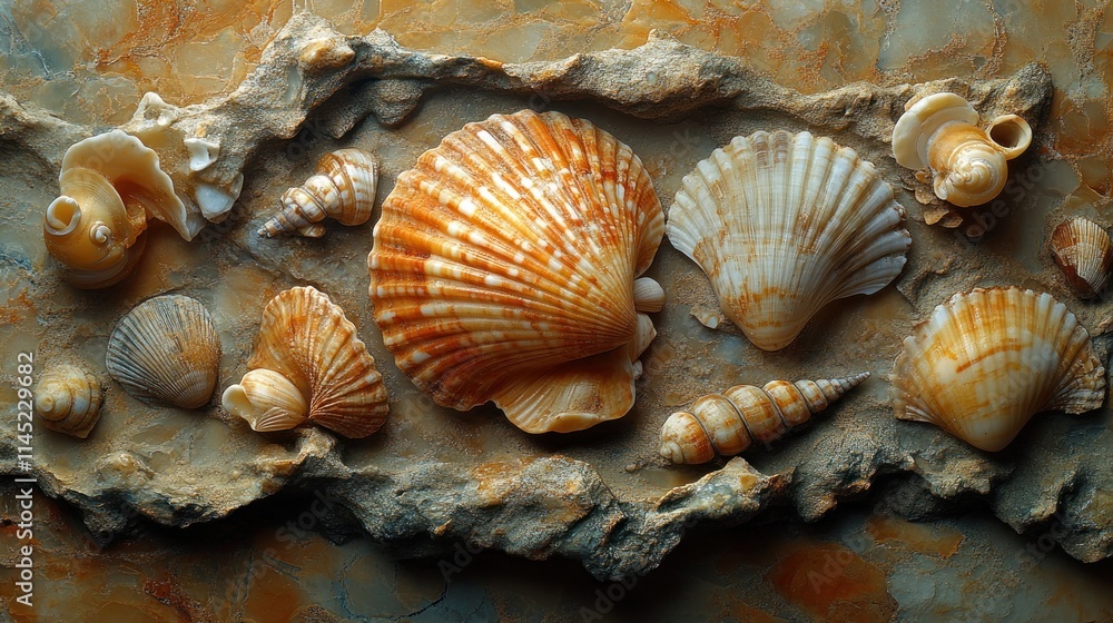 Poster A collection of various seashells arranged on a textured surface.