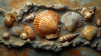 Obraz premium A collection of various seashells arranged on a textured surface.