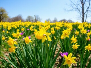 Obraz premium Vibrant yellow daffodil flowers blooming in a picturesque field on a sunny day, spring, field, beauty