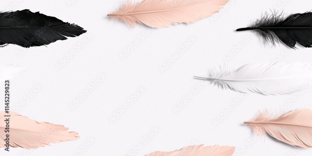 Aufkleber soft pastel and black feathers on white textured background creating minimalistic and elegant compos