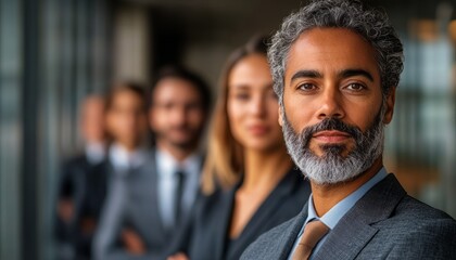Professionals pose together in an office environment, showcasing teamwork and confidence