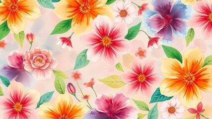 Watercolor illustration of vibrant flowers in bloom, delicate, bright, pattern
