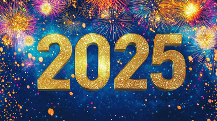 Golden "2025" numerals rise from a deep blue background adorned with vivid, multicolored 