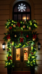 Fototapeta premium Building front decorated to Christmas with christmas trees fir branches, decorations and garland lights - festive and winter holidays concept, vibrant. isolated with white highlights