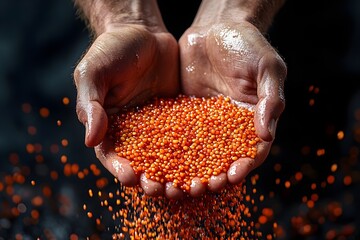 Hands holding red lentils with grains falling. isolated on transparent white background