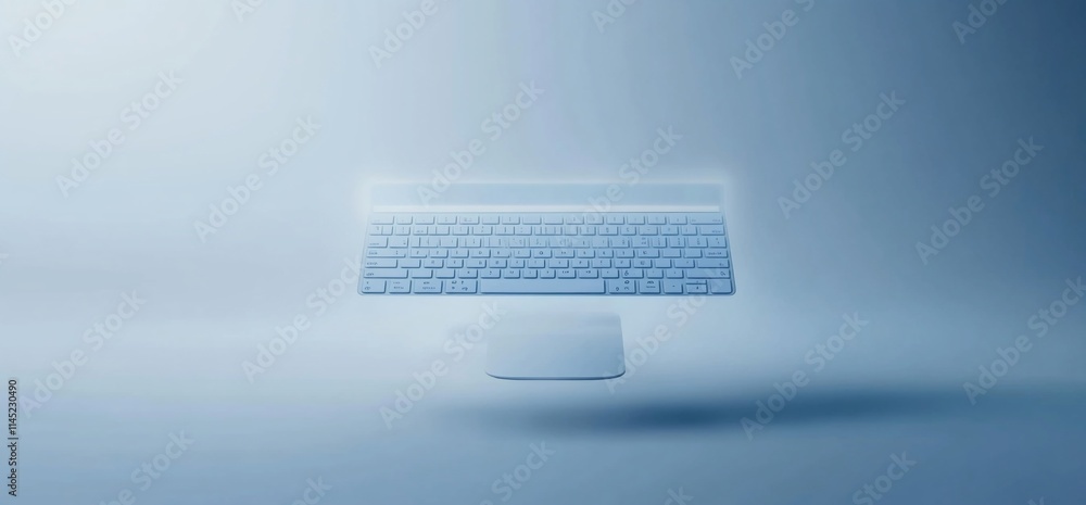 Poster a glowing, translucent keyboard floating in a soft blue environment.