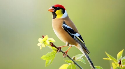 Obraz premium A colorful bird perched on a branch with flowers, showcasing nature's beauty.