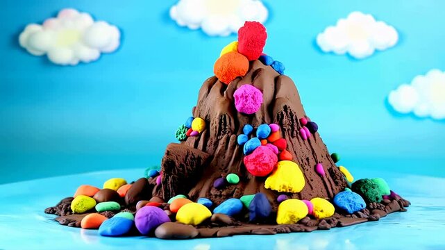 model mountain made of clay with colorful balls on top and on the bottom, sky background, playful, joyful