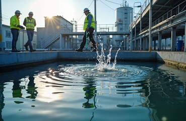 Eco engineers inspect water treatment plant. Men in protective clothing work outdoors at water recycling plant. Walk carefully around reservoir, make measurements. Water purity important for city.