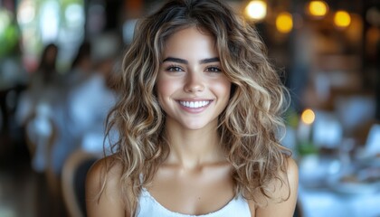 Young woman with curly hair smiles brightly while sitting at a table in a restaurant