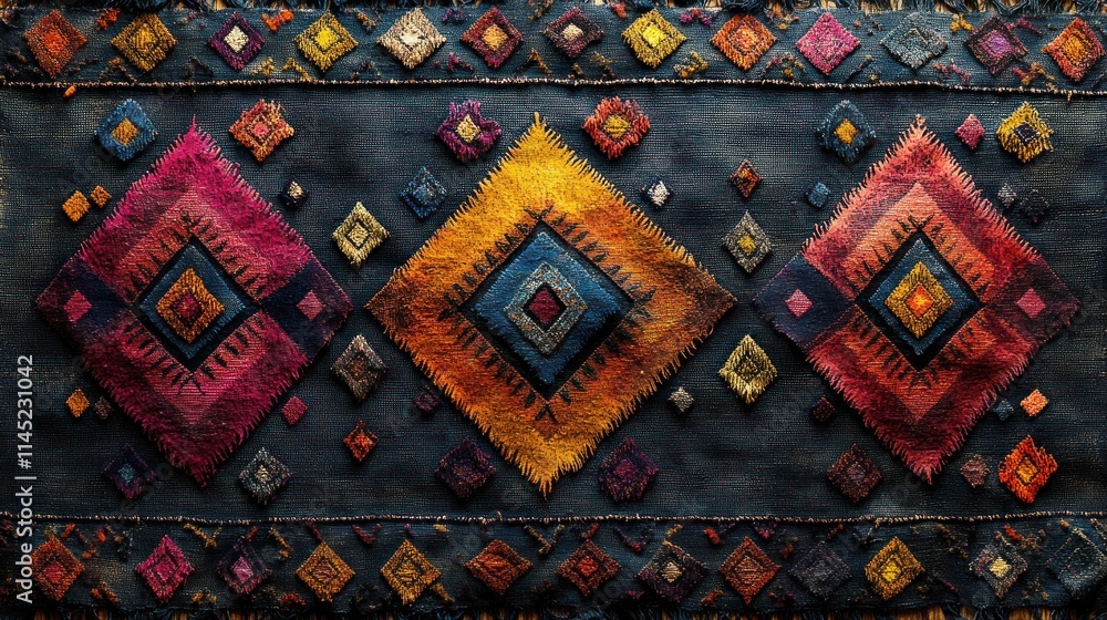 Poster a colorful textile featuring intricate geometric patterns and vibrant colors.