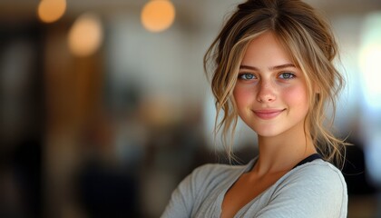 Obraz premium Young woman with relaxed hairstyle and joyful expression poses confidently in a cozy space