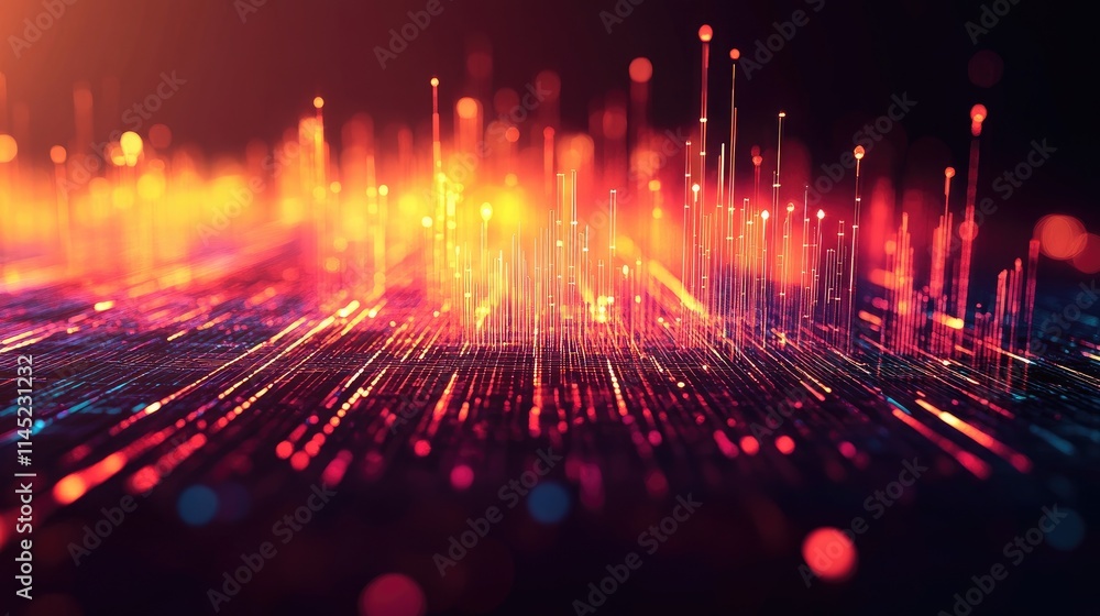 Poster abstract colorful light waves with sparkling particles in motion