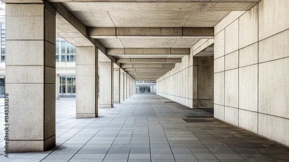 Aufkleber a concrete corridor with pillars and a tiled floor, leading to an open space.