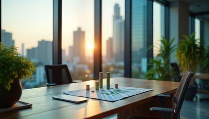 Modern office space with city view. Eco-friendly financial charts display growth on wooden table. Sustainable investing concept. Planners investors analyze data in evening light. Plenty of green